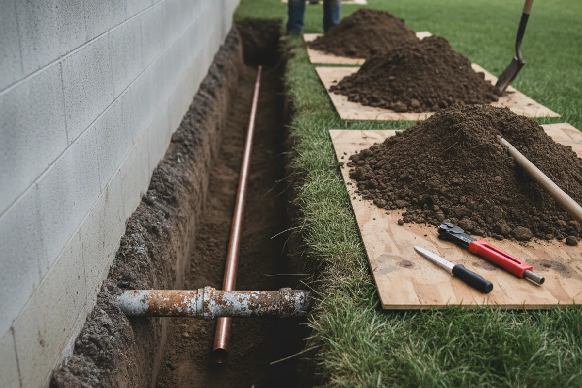 Excavated water line trench during Sewer Line Repair in Astoria